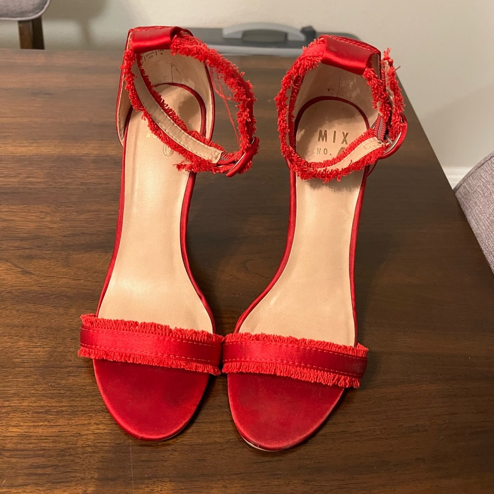 Red silk open toed heels. Size 8.5. From Mix No. 6 Rayane.
